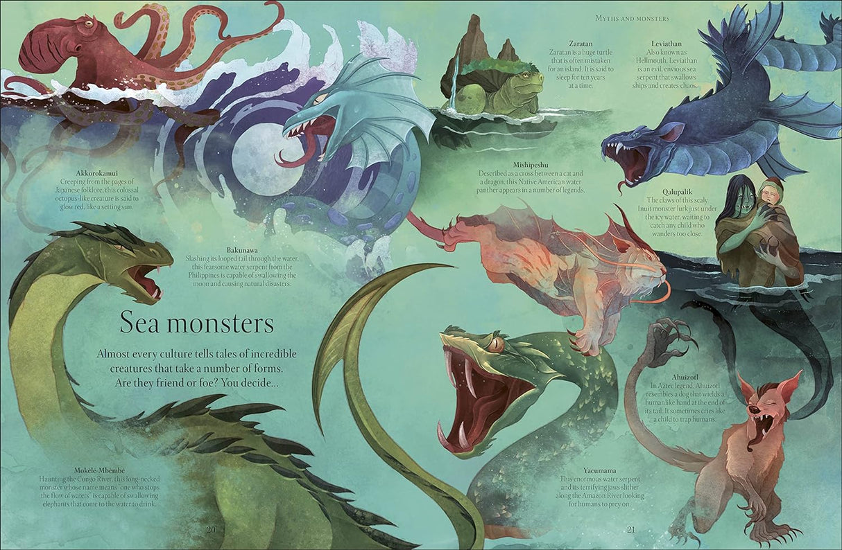 Illustrated sea monsters from myths featured in Underwater World - Aquatic Myths, Mysteries, and the Unexplained book for young readers.