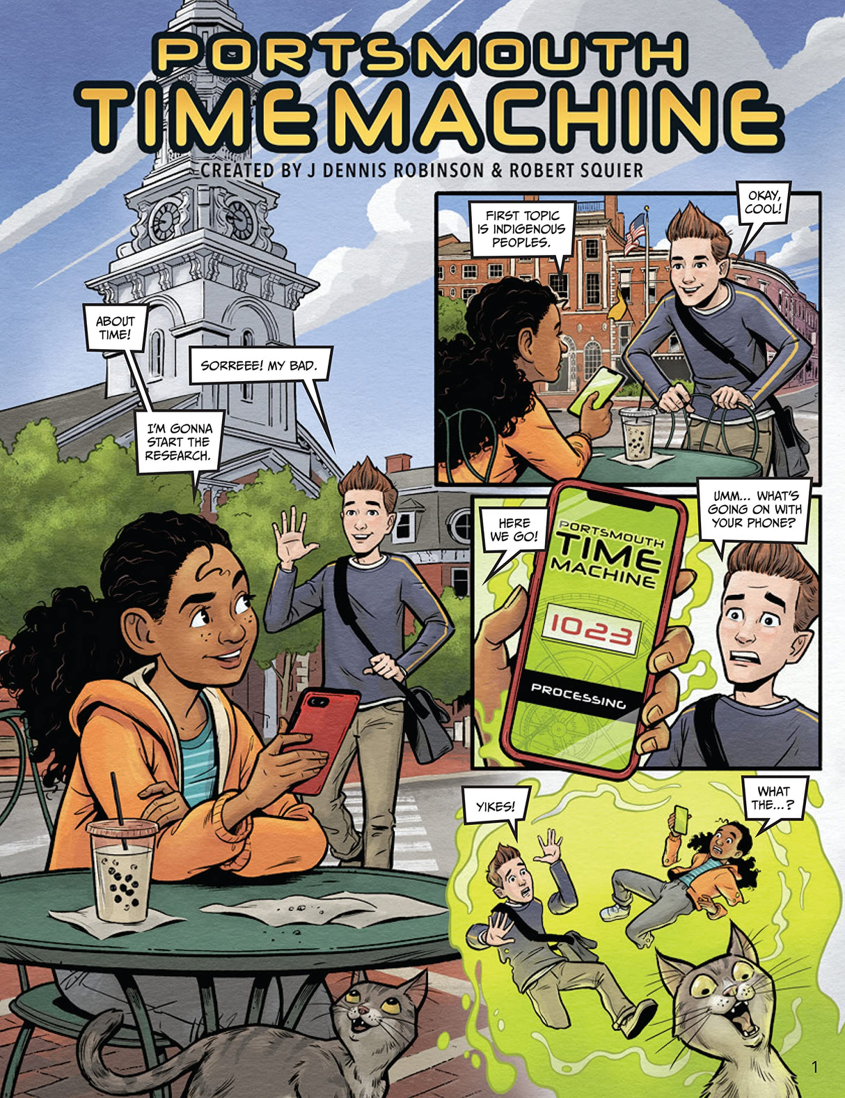Cover illustration of Portsmouth Time Machine showing Ella and Seth starting a time-travel adventure with a glowing phone.