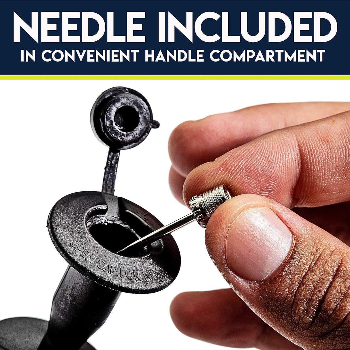 Close-up of hand holding needle from inflation pump handle for Soccer Goal with Ball & Pump set.