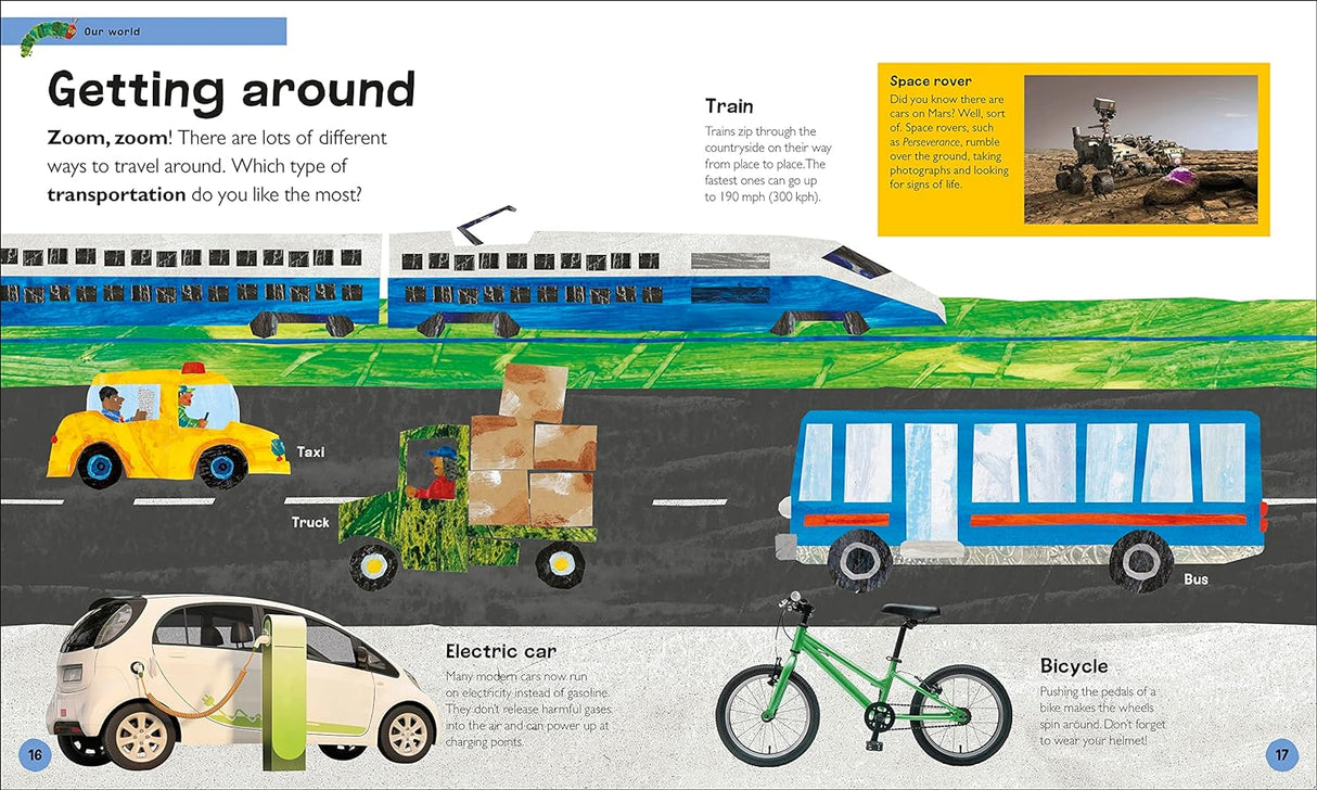 Very Hungry Caterpillar's Very First Encyclopedia page showing various transportation types including train, bus, taxi, truck, electric car, and bicycle.