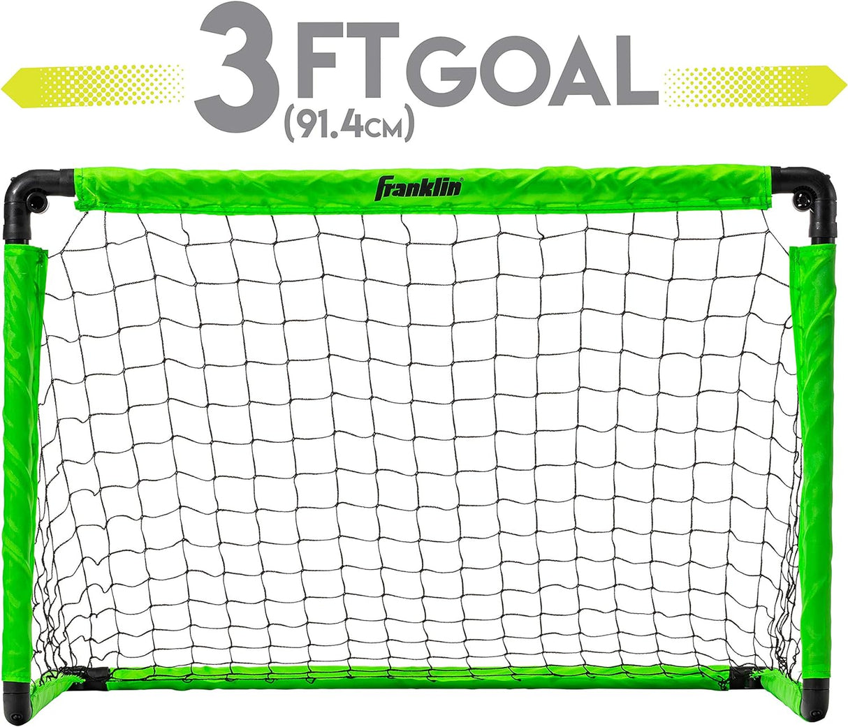 Soccer Goal with Ball & Pump featuring a 3-foot folding mini goal with green frame and black net for young players.