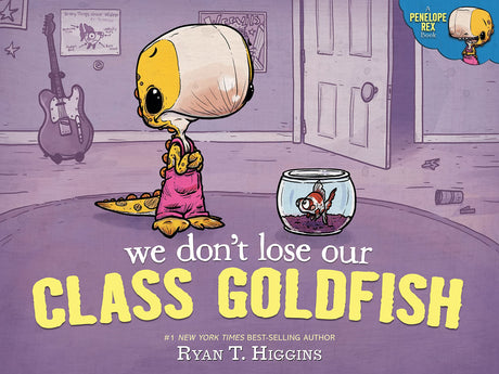 Illustration from We Don't Lose Our Class Goldfish featuring Penelope Rex and the class goldfish in a purple room.