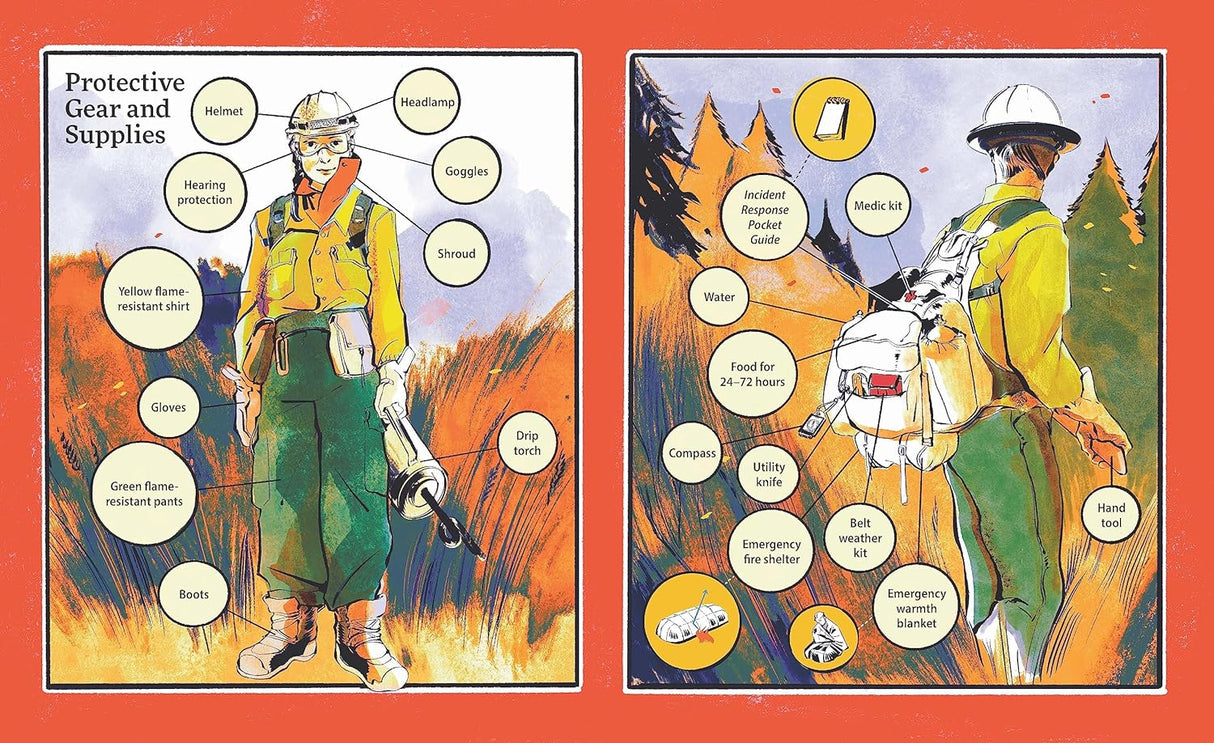 They Hold the Line shows wildland firefighter gear and supplies with detailed labeled illustrations.