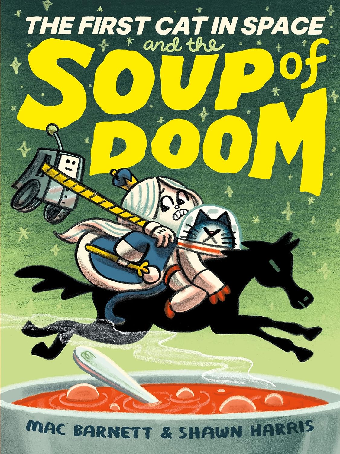 The First Cat in Space and the Soup of Doom book cover shows a cat and characters riding a black horse against a green background.