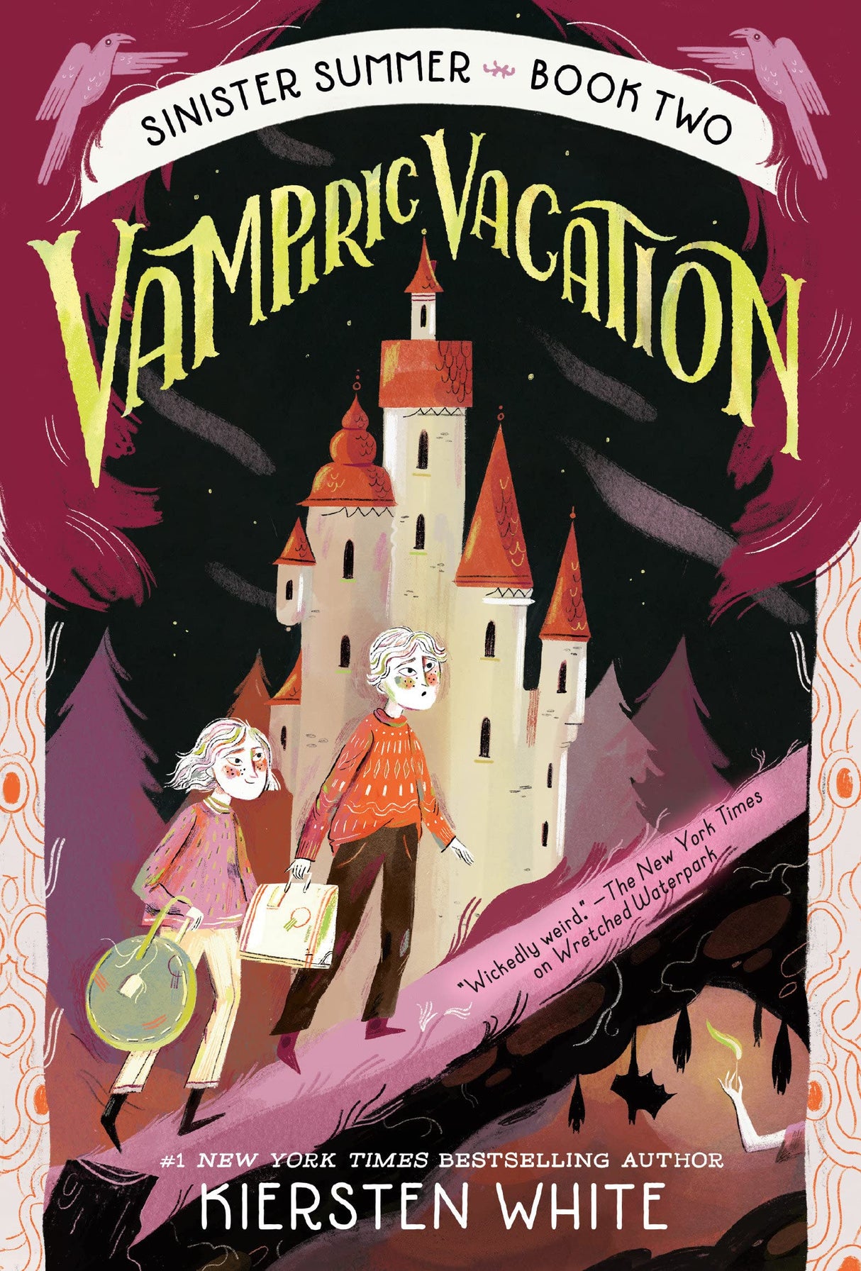 Cover of Sinister Summer Book 2: Vampiric Vacation showing two children and a spooky castle at night.