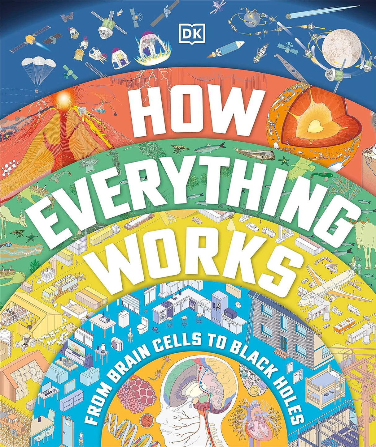 How Everything Works book cover showing detailed illustrations from brain cells to black holes for kids aged 10-14.