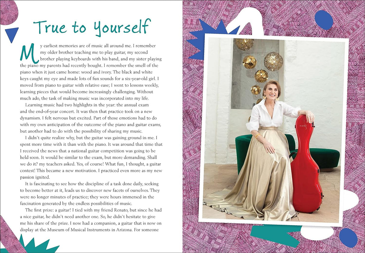 Image of a woman seated with a red guitar case illustrating the book Dear Rebel: 125 Women Share Their Best Advice for the Girls of Today.