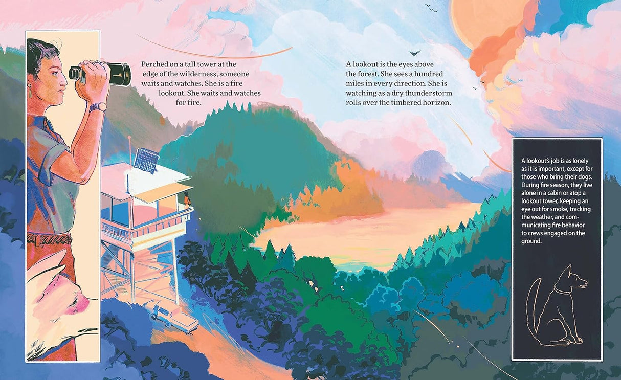 They Hold the Line shows a lone lookout on a tower watching the forest for wildfires during a storm.