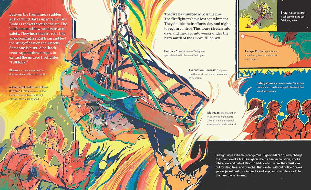 They Hold the Line illustration shows wildland firefighters battling flames with gear and teamwork amid a smoky wildfire scene.