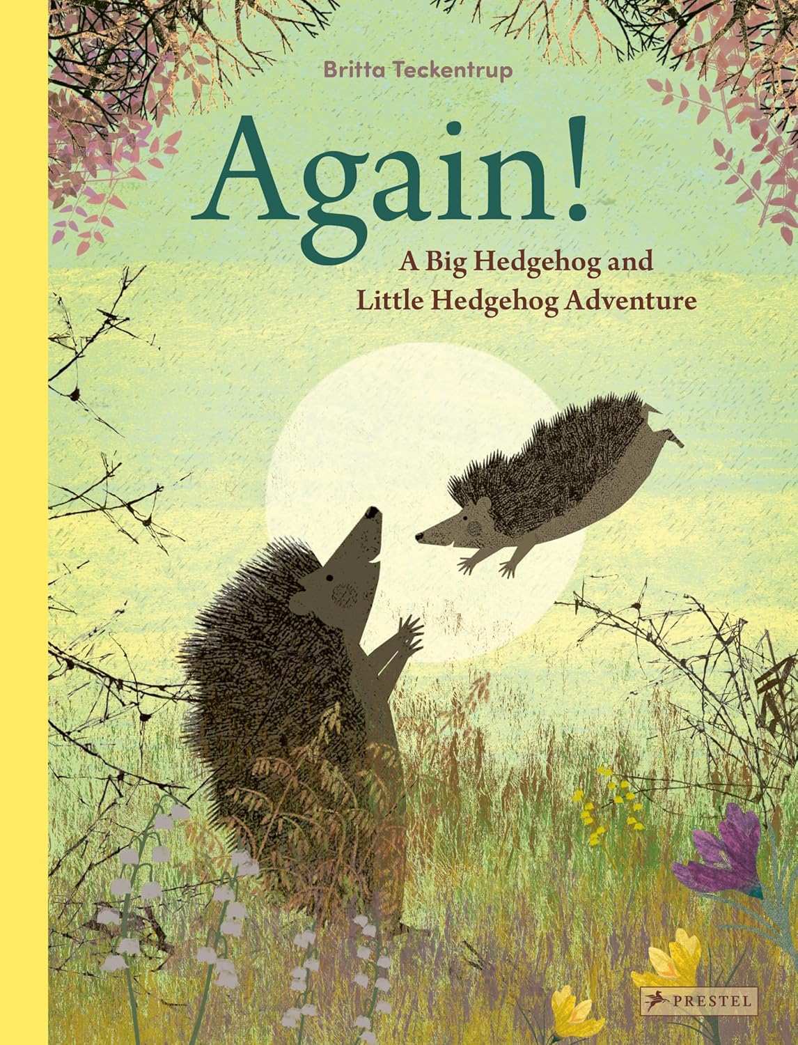 Again! book cover showing Big Hedgehog and Little Hedgehog in a softly colored spring meadow scene.