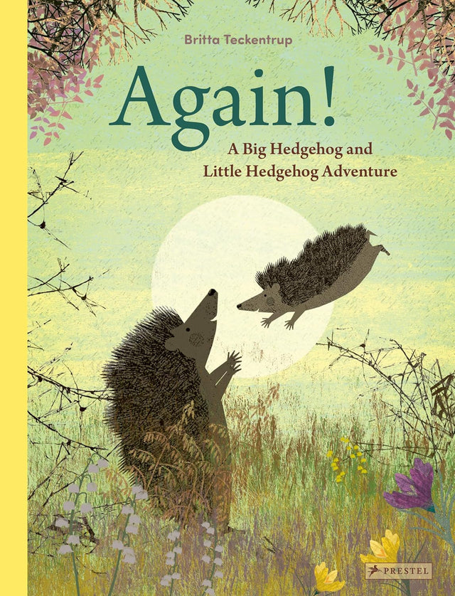 Again! book cover showing Big Hedgehog and Little Hedgehog in a softly colored spring meadow scene.