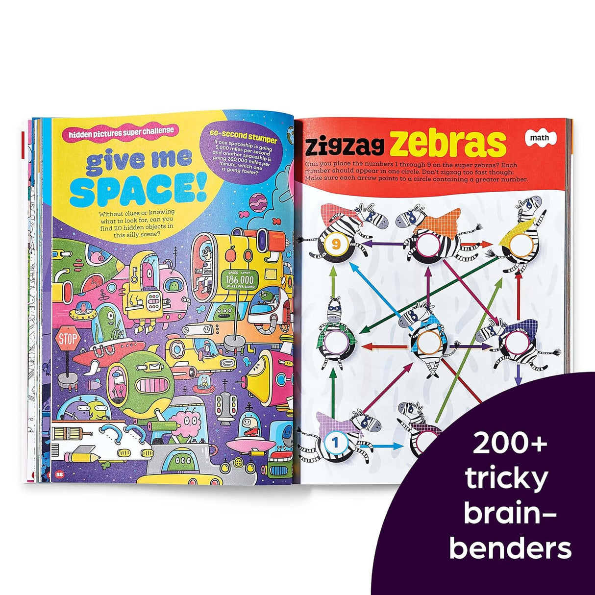 brainPLAY Nearly Impossible Puzzles open to colorful brain-benders including hidden pictures and zigzag zebras maze challenge.