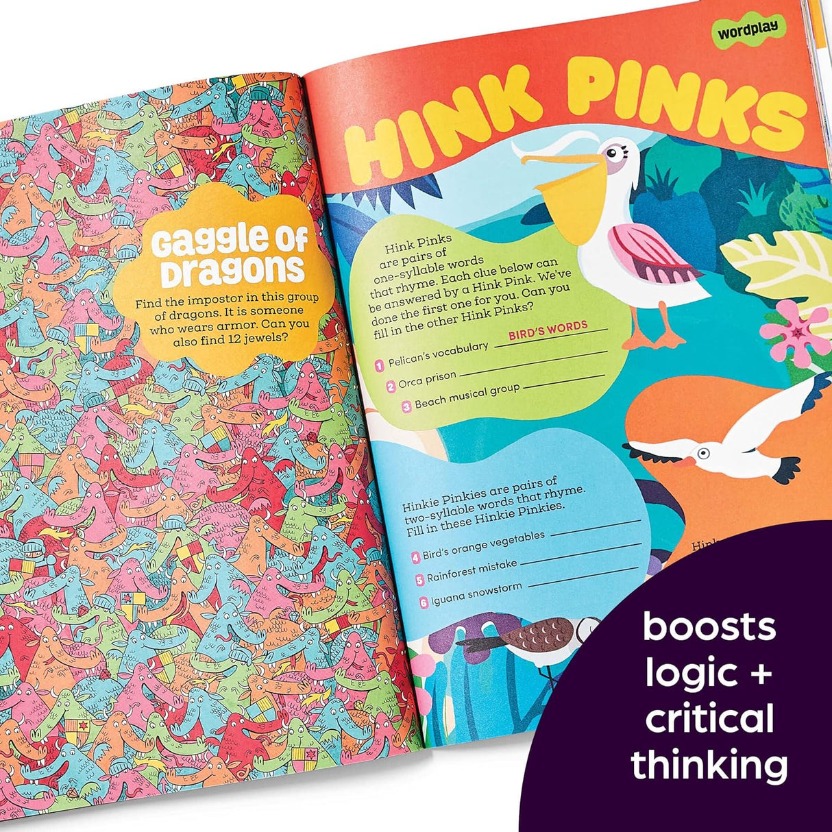 brainPLAY Nearly Impossible Puzzles open to colorful pages with complex dragon and wordplay puzzles for kids’ brain workout