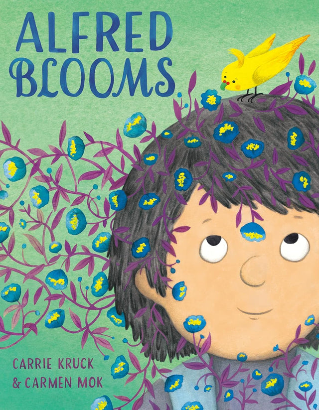 Alfred Blooms book cover showing a boy with flowers in his hair and a yellow bird perched above him.