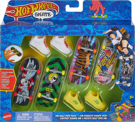 Hot Wheels Skate Multipack with 4 Tony Hawk fingerboards and 2 sneaker attachments for finger tricks and collecting.