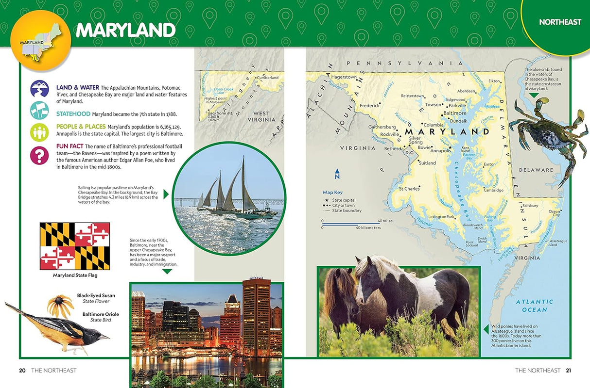 National Geographic Kids: Beginners US Atlas showing Maryland state map, photos, and fun facts for kids.