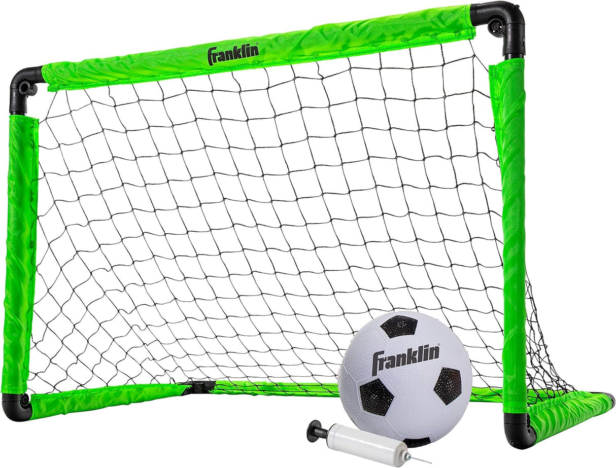 Soccer Goal with Ball & Pump featuring a green mini folding goal, matching soccer ball, and hand pump for easy play.