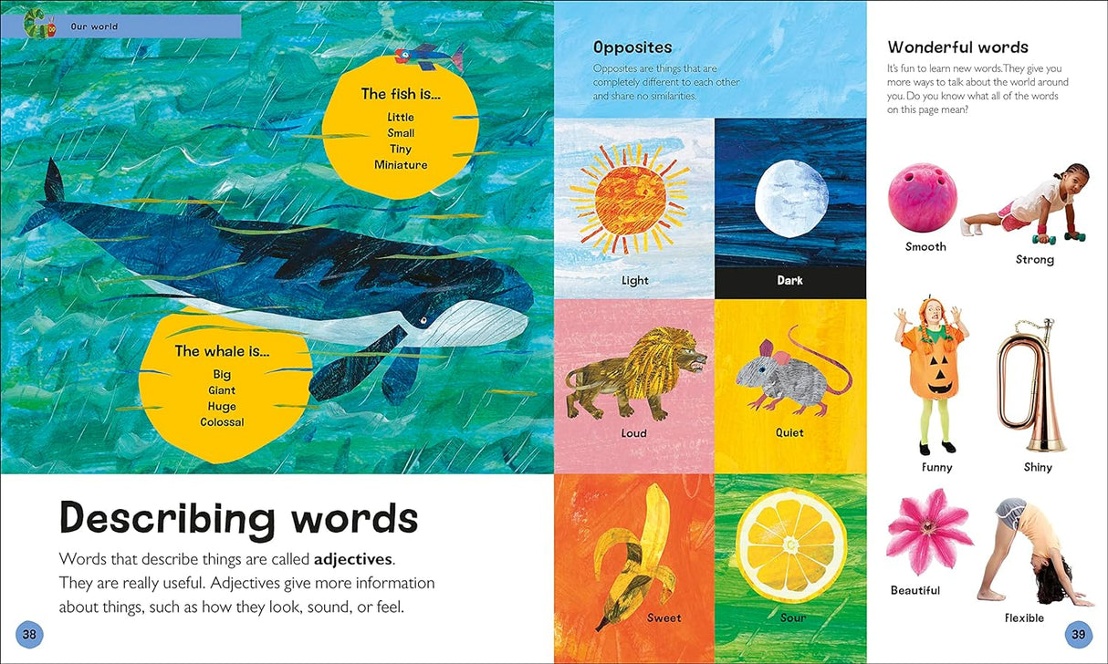 Very Hungry Caterpillar's Very First Encyclopedia open to pages teaching describing words with colorful illustrations and photos.