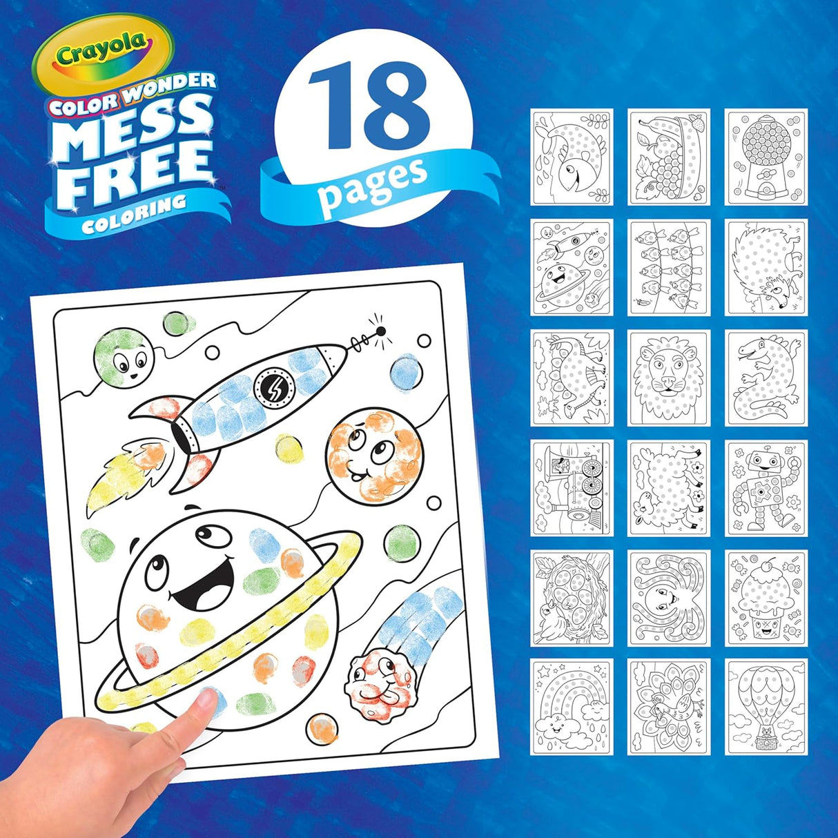 Color Wonder | Fingerprint Activity showing colorful fingerprint art on 18 pages of mess-free space-themed coloring sheets.