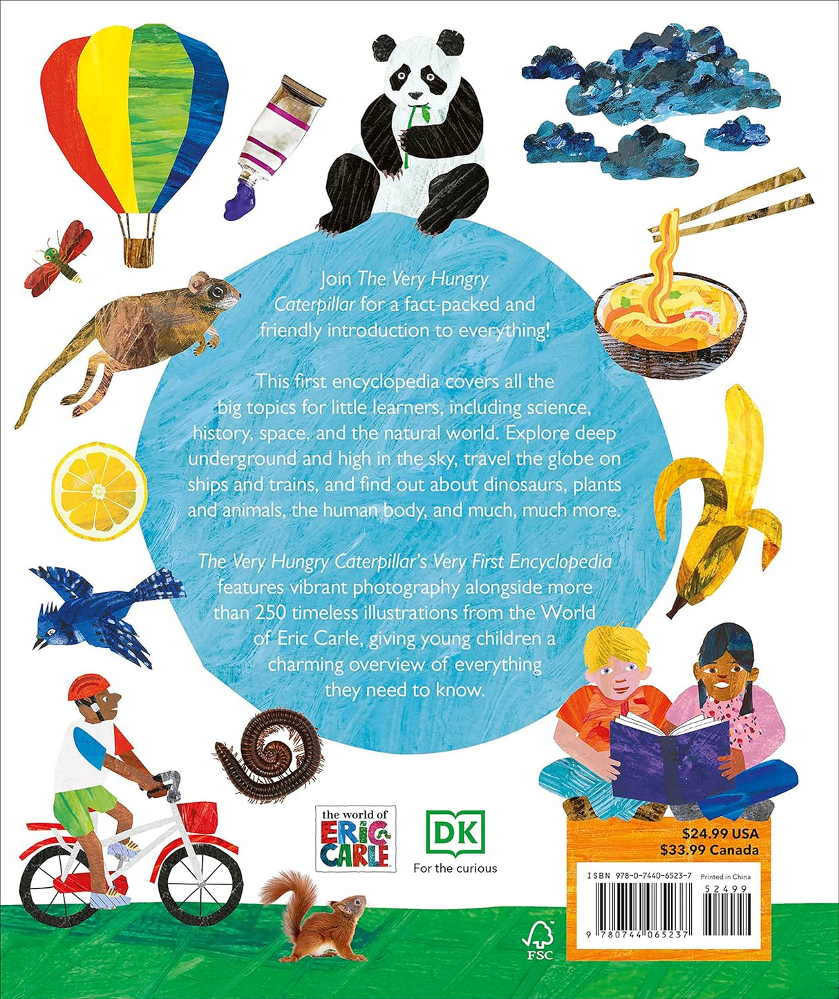 Back cover of Very Hungry Caterpillar's Very First Encyclopedia featuring colorful illustrations and children reading.