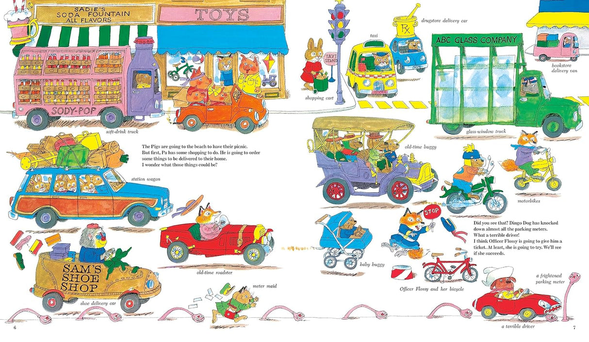 Richard Scarry's Cars and Trucks and Things That Go 50th Anniversary Edition open page with colorful Busytown vehicles and characters.