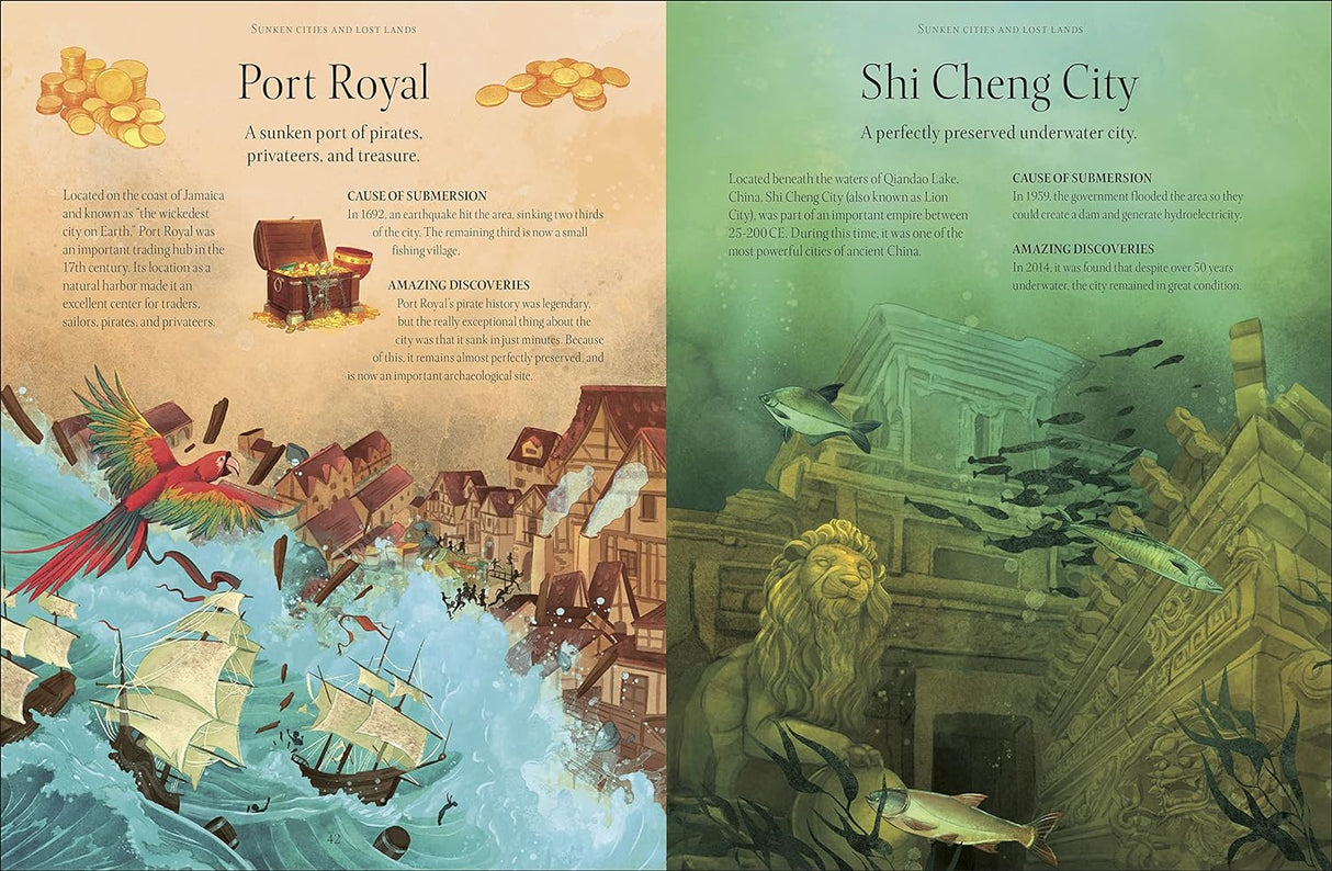 Underwater World - Aquatic Myths, Mysteries, and the Unexplained book pages showcasing Port Royal and Shi Cheng City underwater stories.