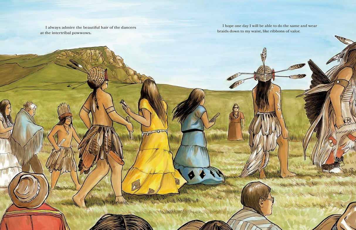 Brave shows a Native American powwow dance celebrating tradition and long hair with vibrant, detailed illustrations.