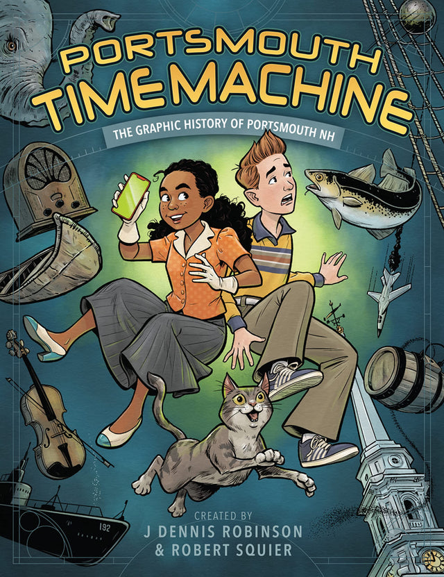 Cover illustration of Portsmouth Time Machine showing two time-traveling kids and a cat surrounded by historical Portsmouth icons.