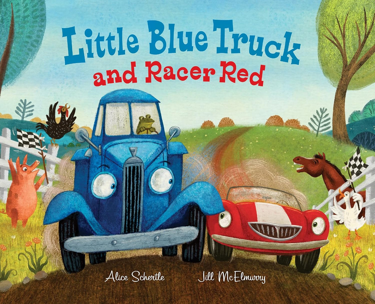 Cover of Little Blue Truck and Racer Red showing cheerful blue truck and smiling red race car on a dirt road.