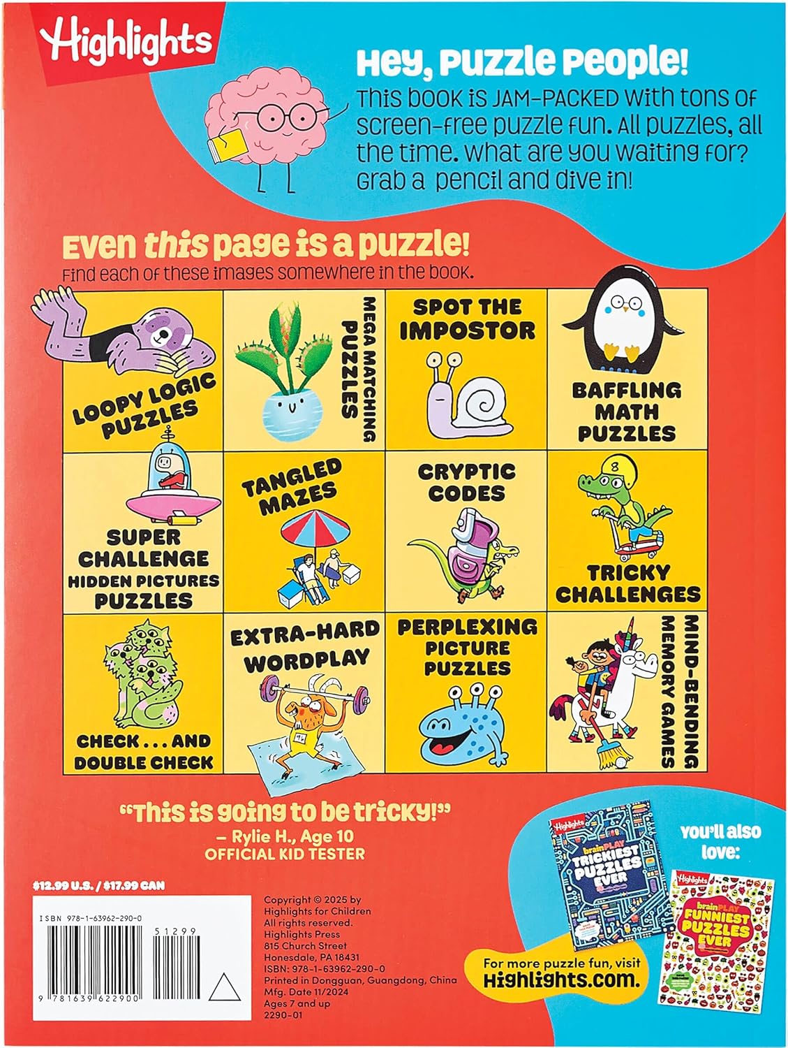 brainPLAY Nearly Impossible Puzzles cover with colorful puzzle categories like logic, mazes, hidden pictures, and wordplay challenges for kids.