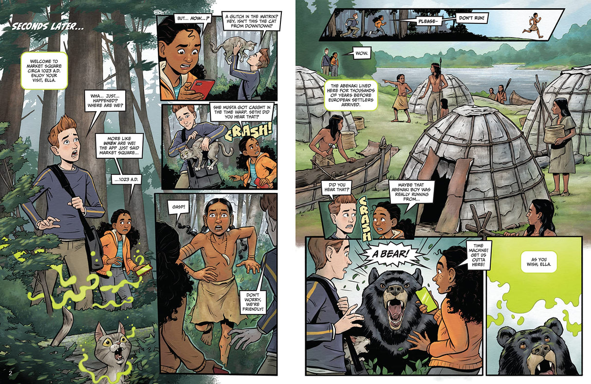 Portsmouth Time Machine graphic novel page showing time travel from modern to ancient Abenaki village with characters and dialogue.
