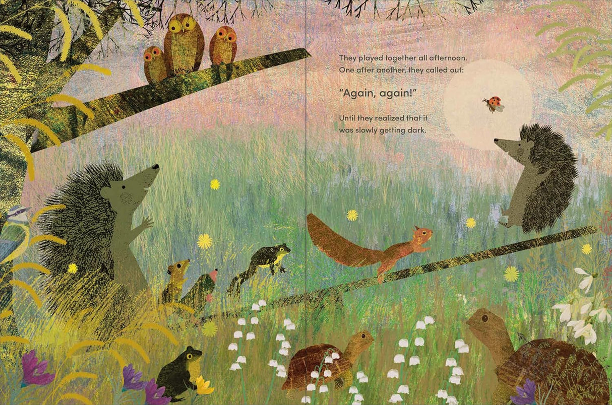 Illustration from Again! showing Big and Little Hedgehog playing with animal friends in a colorful spring meadow.