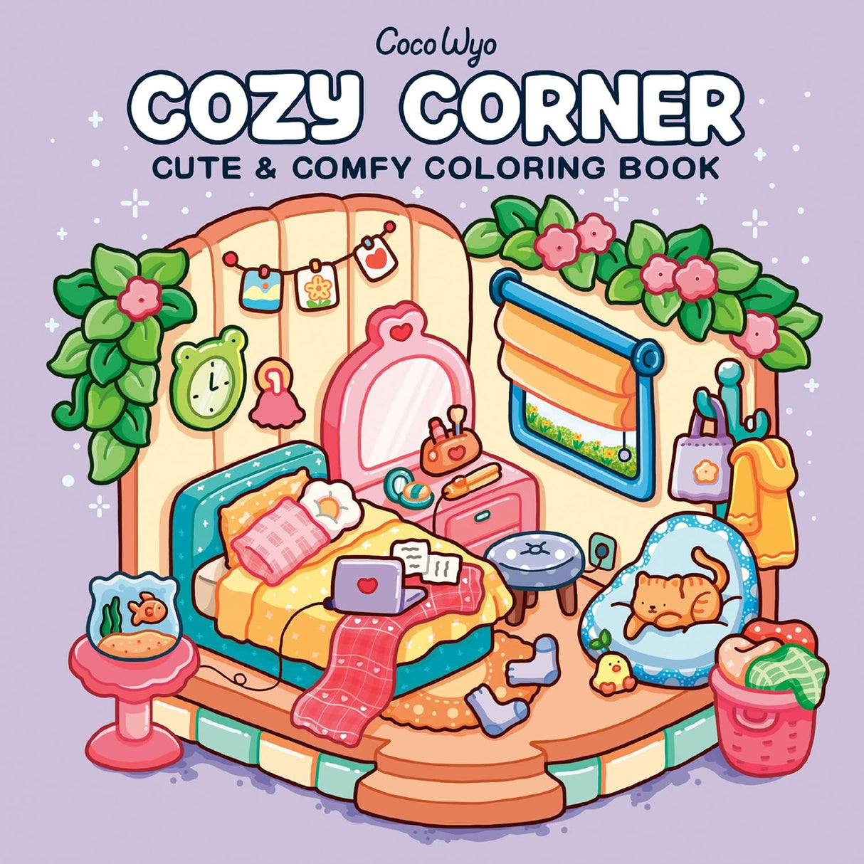 Cozy Corner Coloring Book cover with a cozy room, bed, cat, plants, and warm pastel colors for relaxing coloring fun.