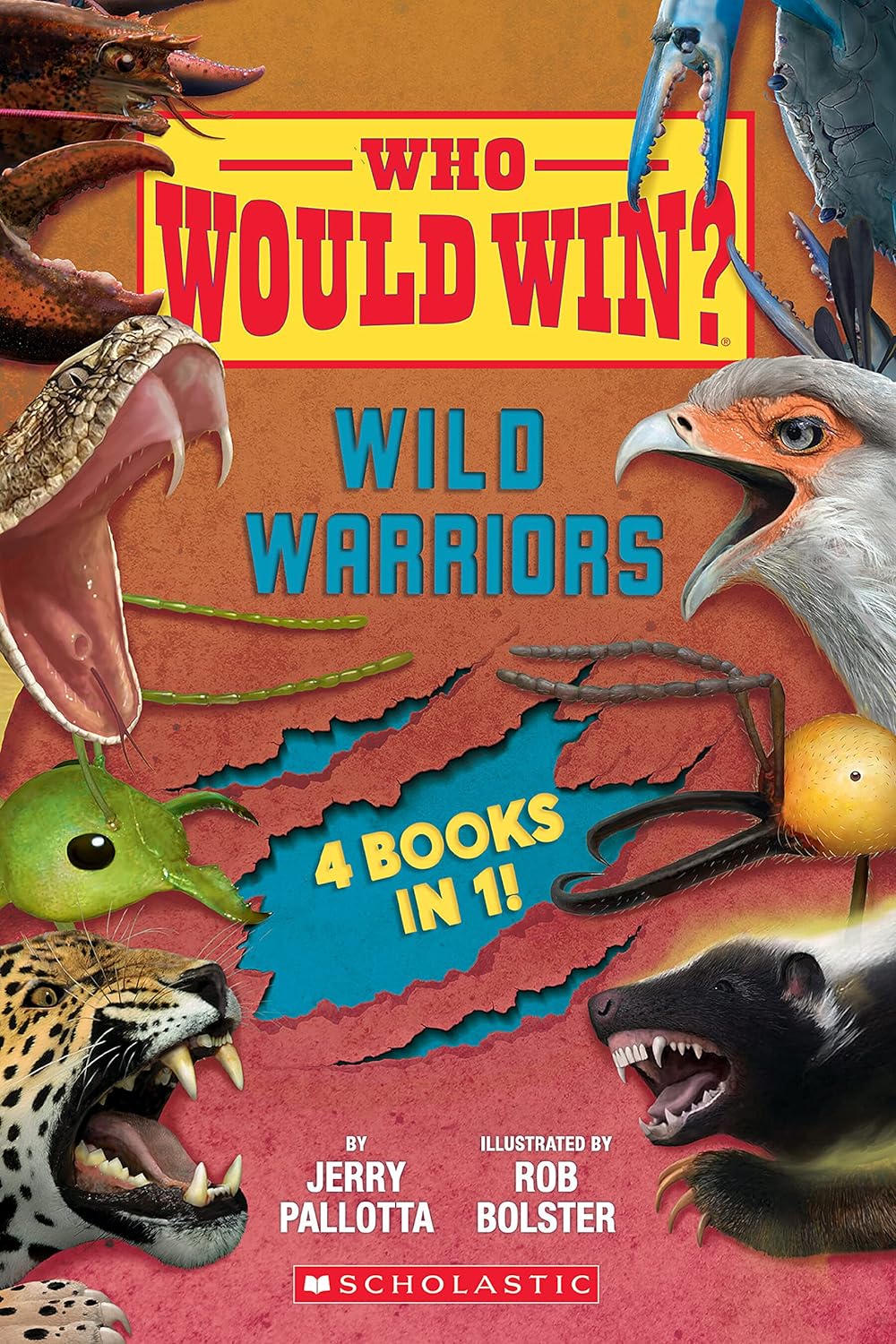 Cover of Who Would Win? Wild Warriors featuring fierce animals and bold title with "4 Books in 1!" text.