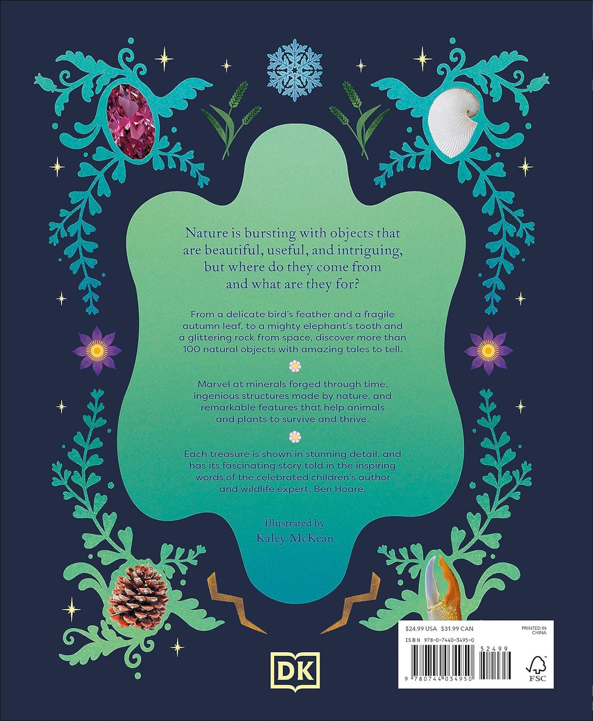 Back cover of Nature’s Treasures book showing nature-inspired illustrations and descriptive text about natural objects.