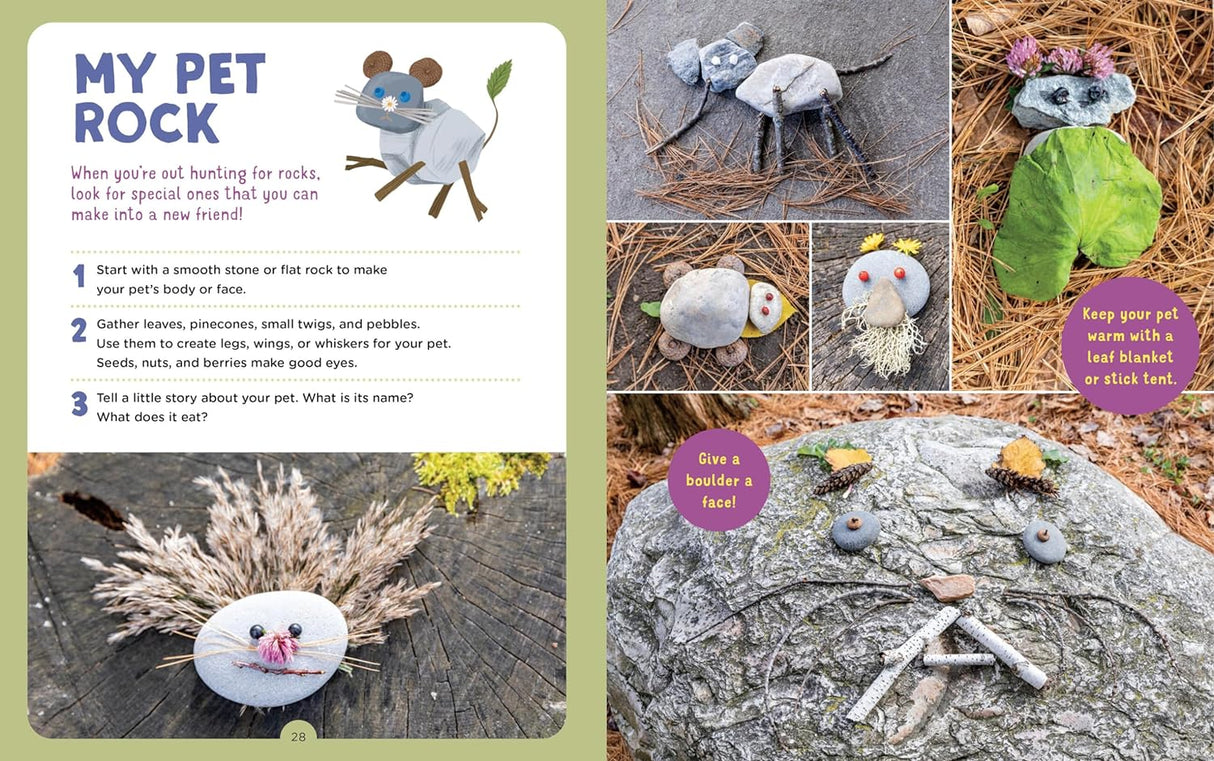 Backpack Explorer: Rock Hunt showing creative pet rock crafts made from stones, leaves, and natural materials.