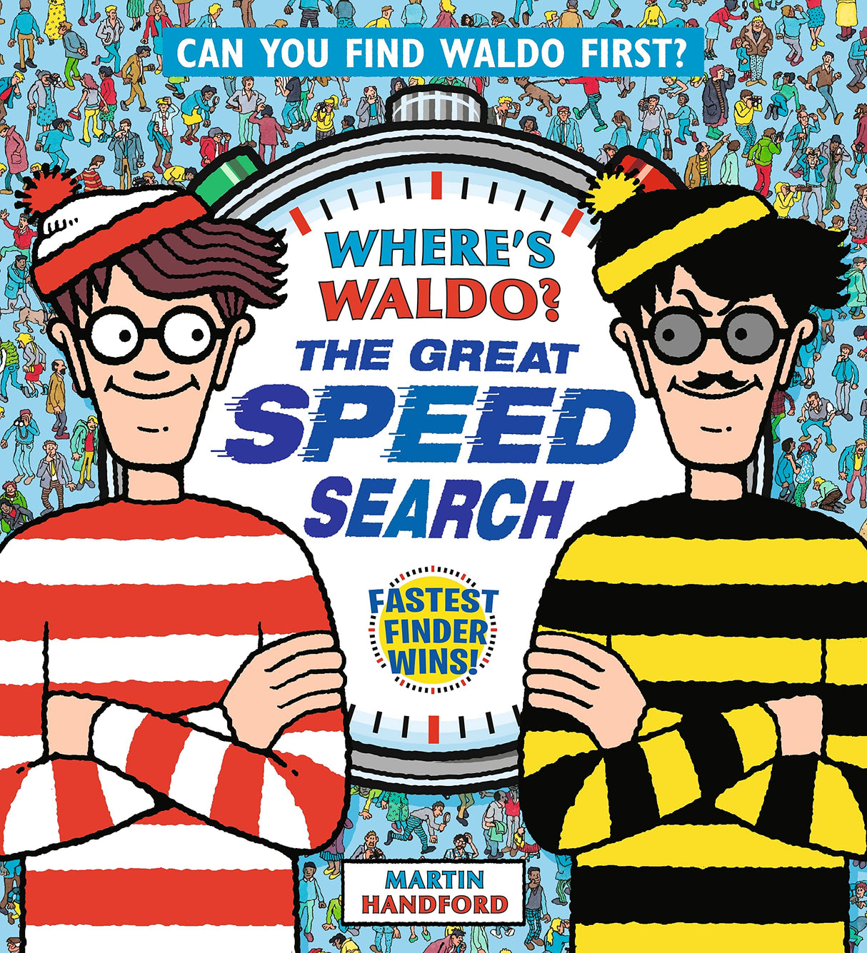Where's Waldo? Great Speed Search book cover showing Waldo and a rival with a stopwatch background.