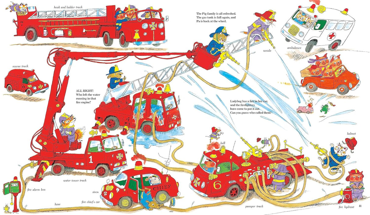 Richard Scarry's Cars and Trucks and Things That Go: 50th Anniversary Edition page with vintage fire trucks and animals.