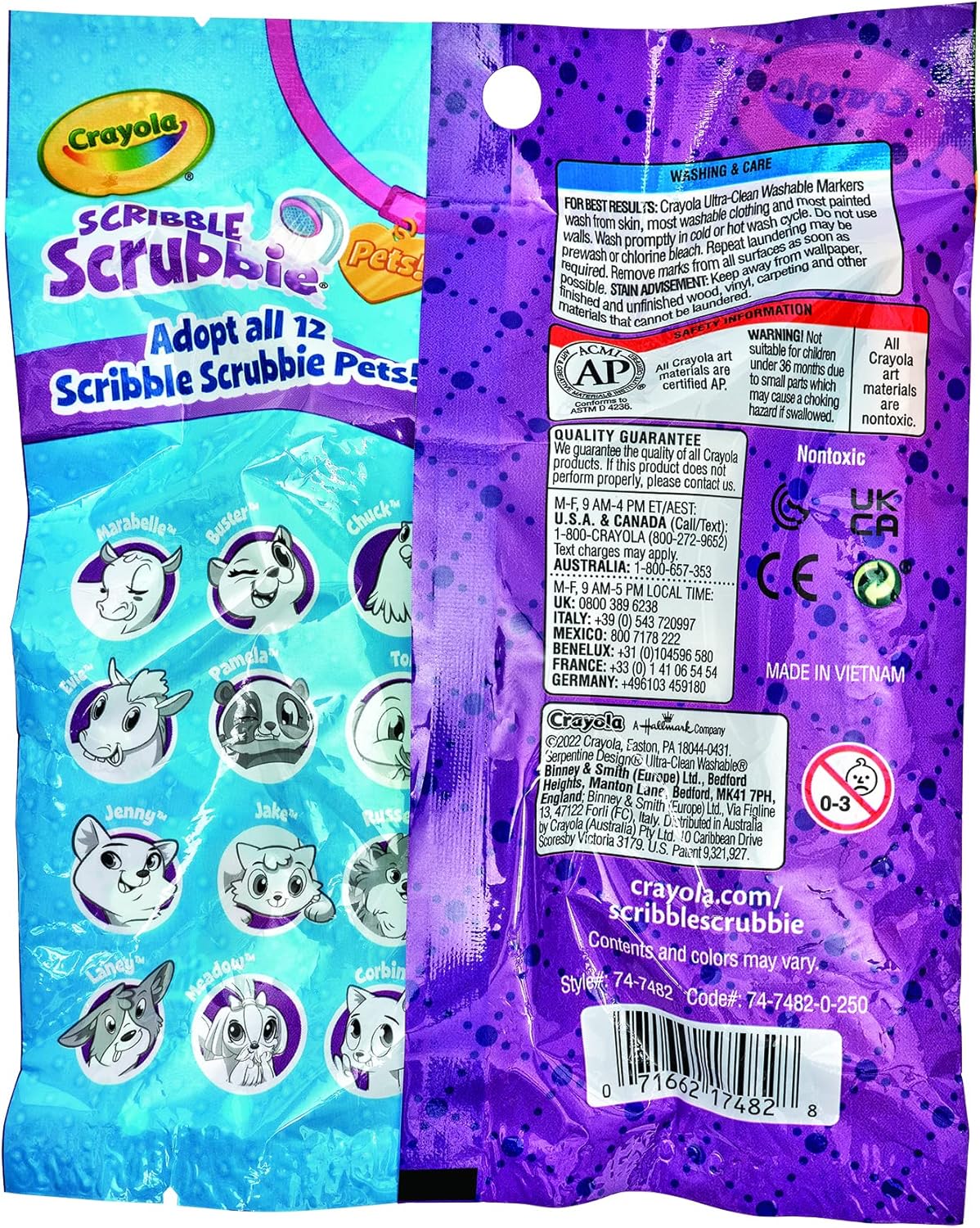 Scribble Scrubbie Pet packaging showing colorful pet characters, markers, and washing instructions on back.