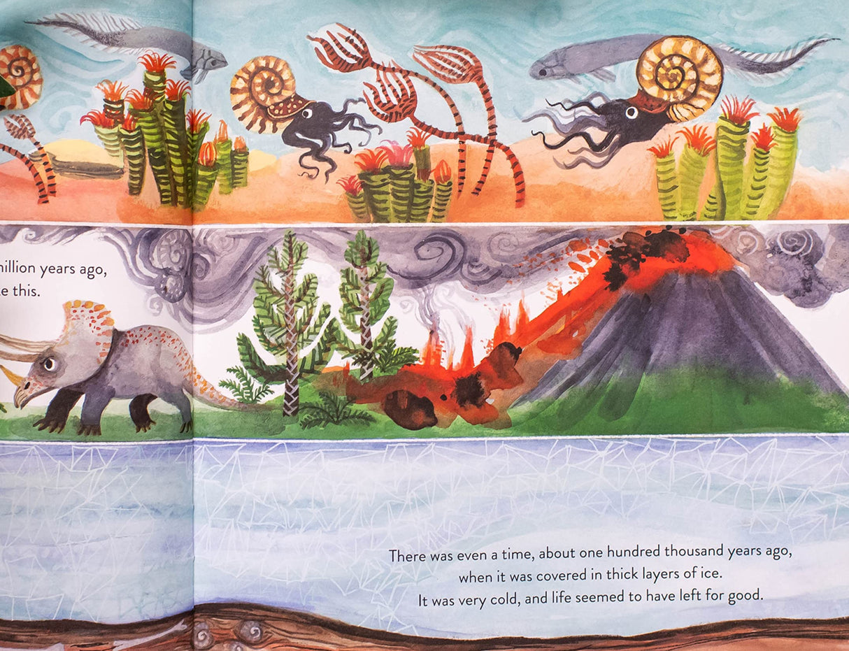 Illustration from Little Land showing prehistoric life, volcanic eruption, and changing natural landscapes in a colorful children's book.