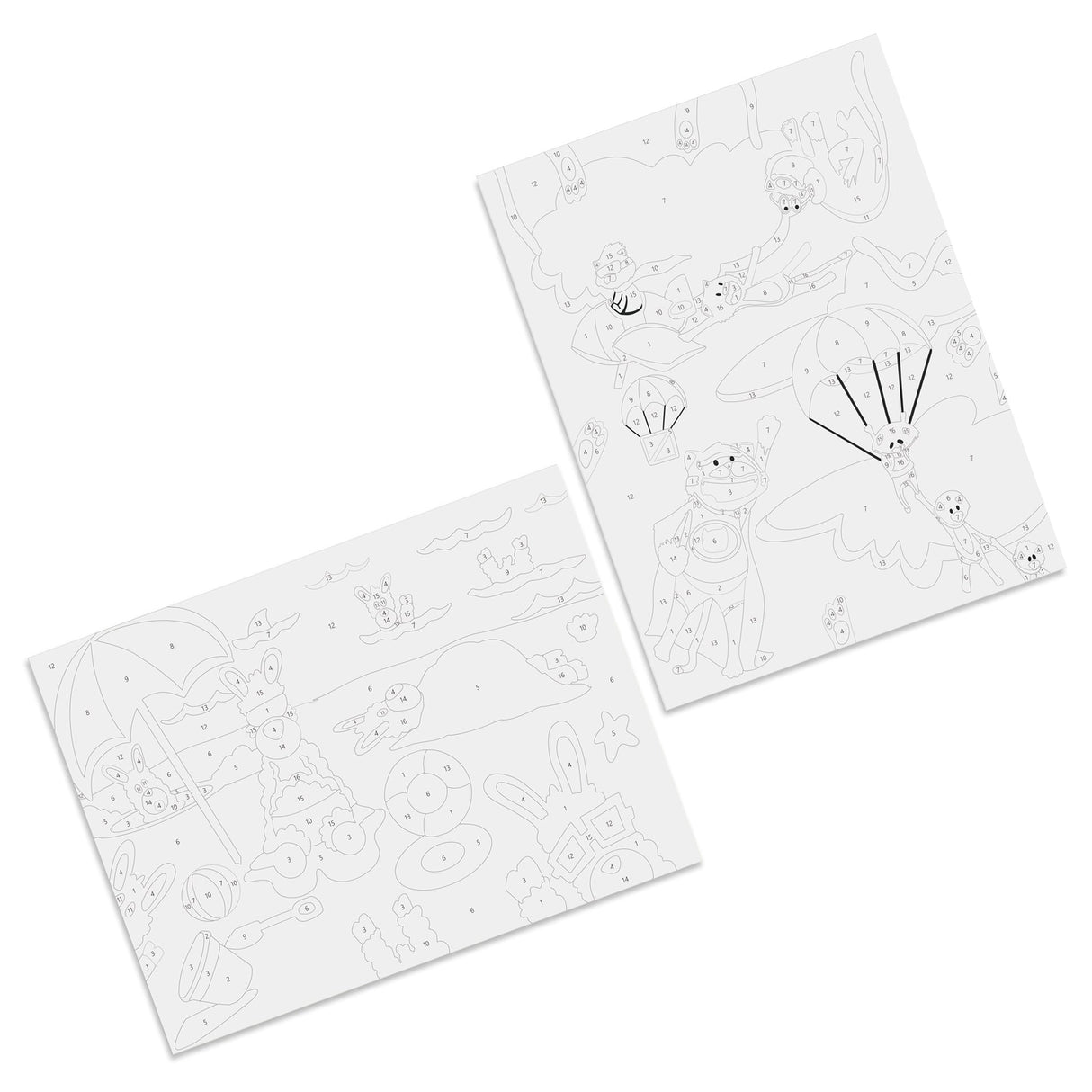 Paint By Number Cats & Llamas kit with two unpainted canvases featuring cats in the sky and llamas at the beach.