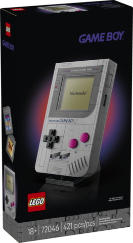 LEGO build of a classic Game Boy with buttons, screen, and interchangeable game cartridges on a display stand