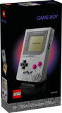 LEGO build of a classic Game Boy with buttons, screen, and interchangeable game cartridges on a display stand