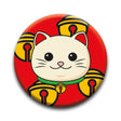 Lucky Cat Button round pinback button featuring a smiling white cat with gold bells on a red background.