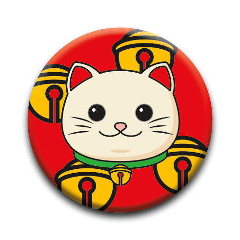 Lucky Cat Button round pinback button featuring a smiling white cat with gold bells on a red background.