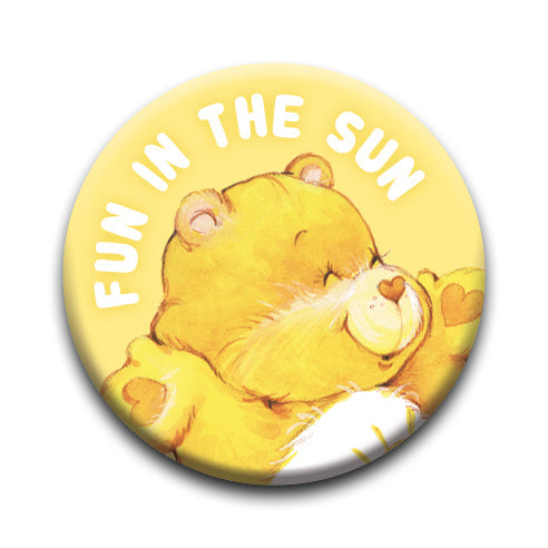 Care Bears Funshine Button featuring smiling yellow bear with "Fun in the Sun" text on round 1.25-inch pinback button.