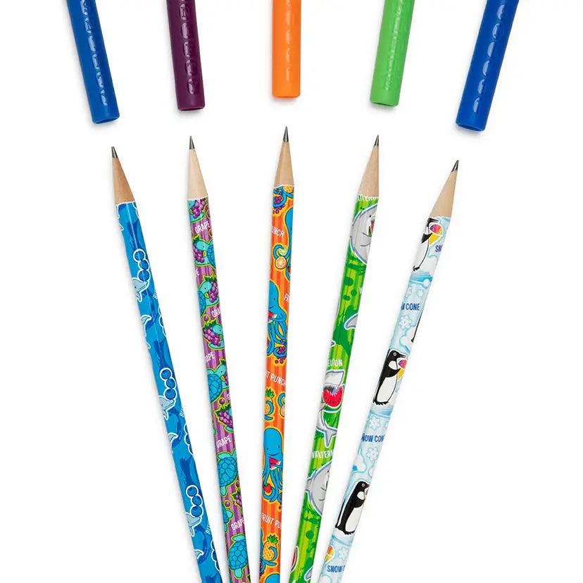 Pencil Topper Scented | Silly Sea Life pencils with reusable scented caps in fruity designs, each packed in a freshness tube.