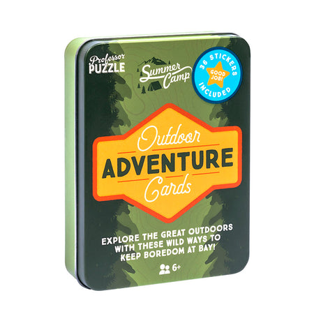 Outdoor Adventure Cards tin box with 50 activity cards and stickers for kids ages 6 and up exploring outdoors.