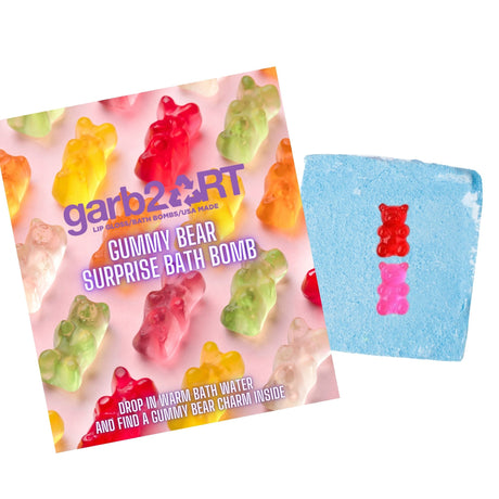 Surprise Gummy Bear Bath Bomb with colorful gummy bears inside and vibrant blue bath bomb for a fun fizz bath experience