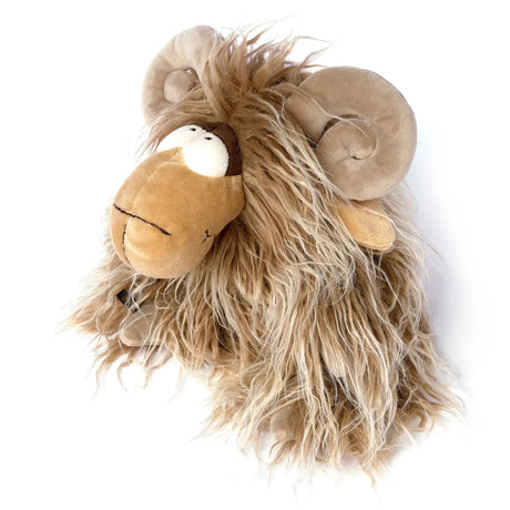 Soft plush toy with curly fur and large horns resembling a grumpy ram called Mufflon Muff.